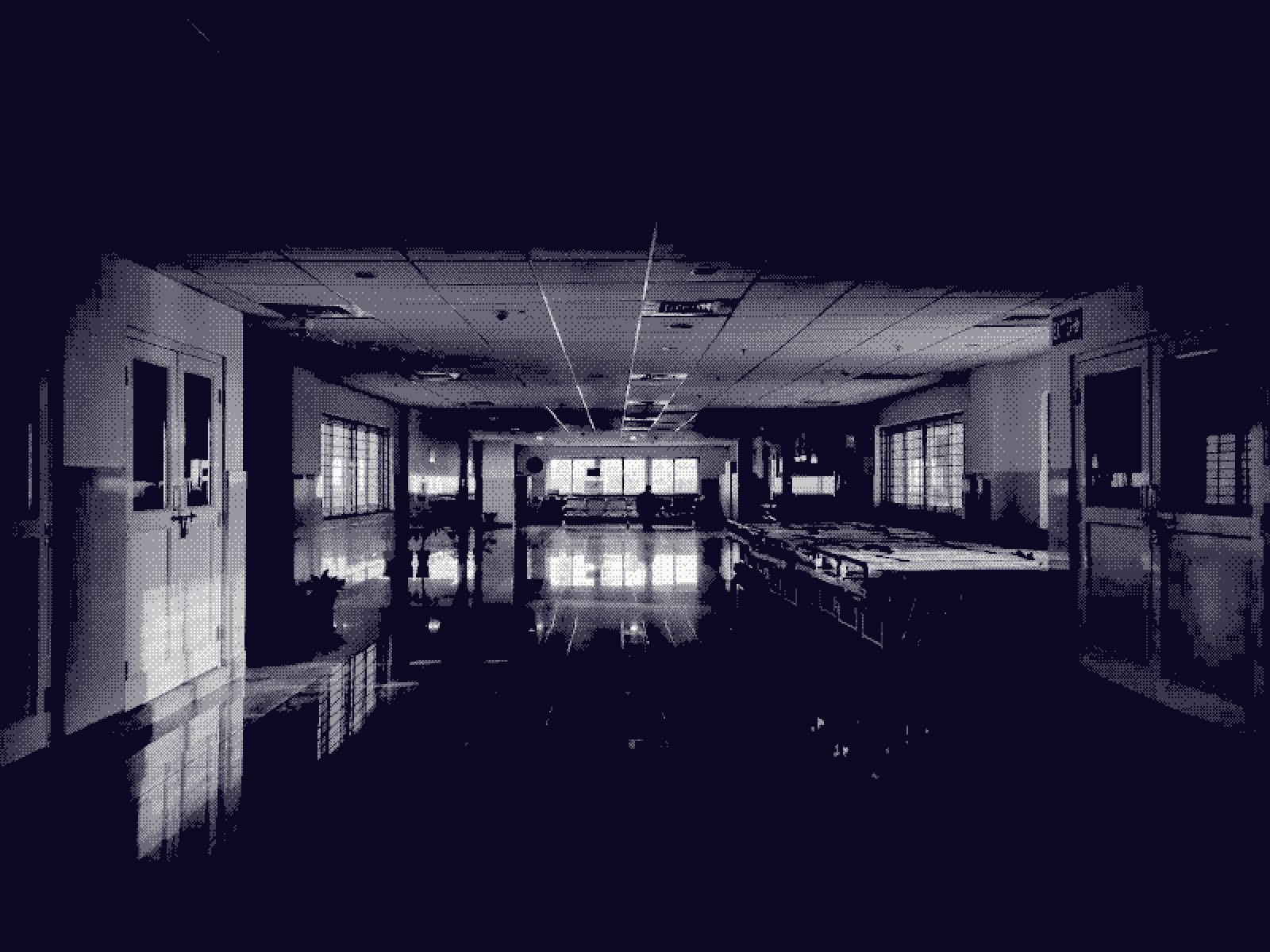 An unlit hospital corridor with warm window light spilling onto polished floor tiles