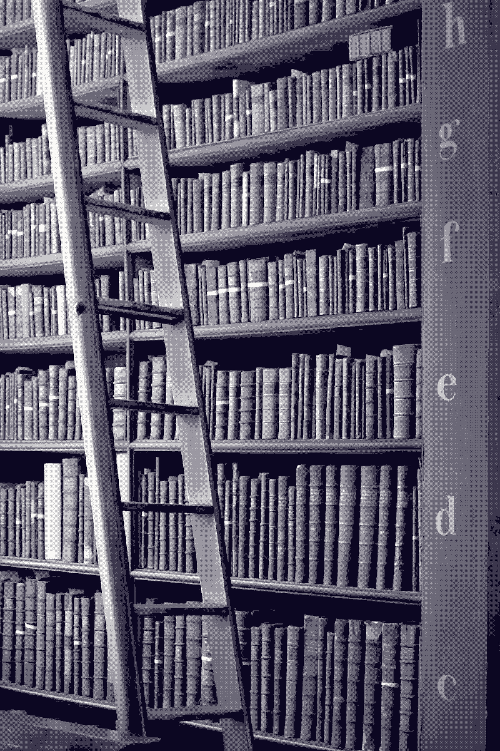 Bound volumes packed into tall library shelving, alphabetical index letters along the edge
